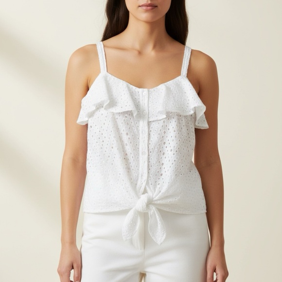 Neiman Marcus White Ruffled Eyelet Tie Front Tank Top - Picture 4 of 5